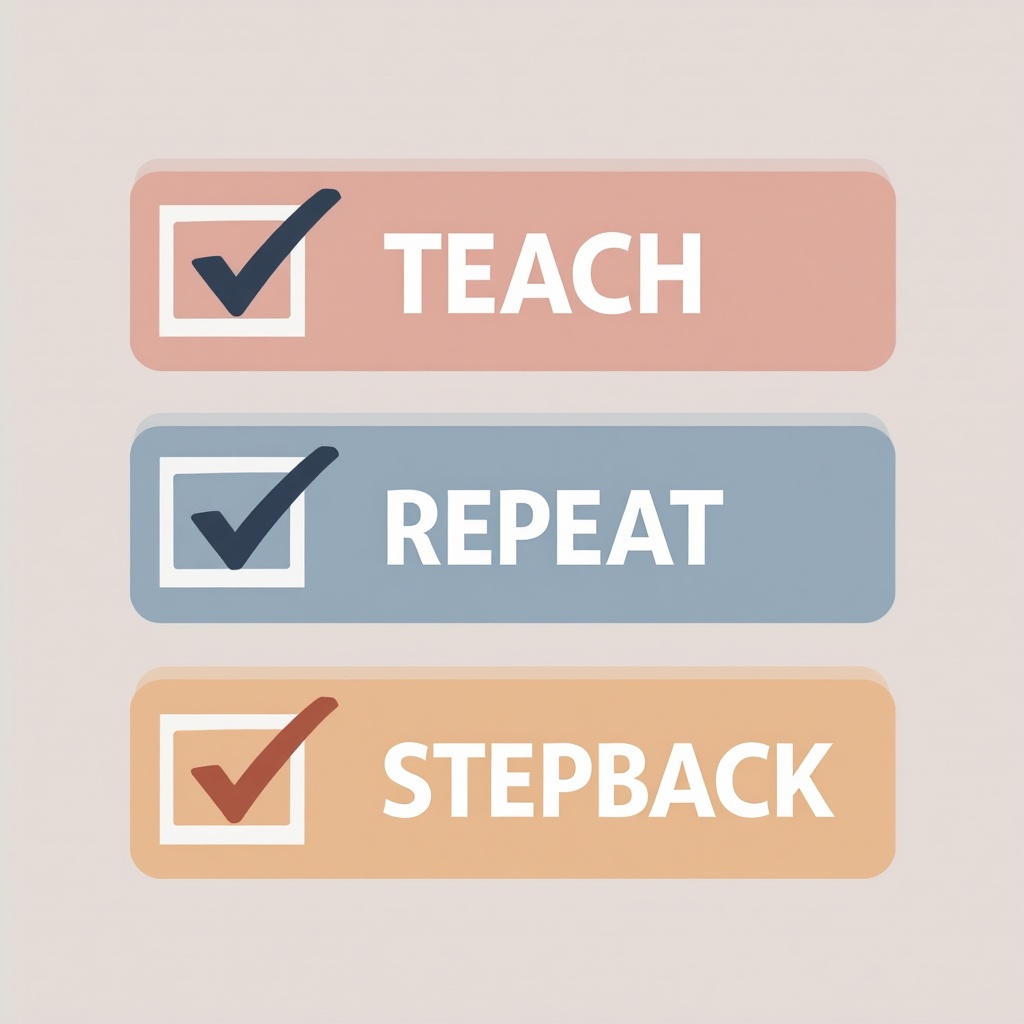 Checklist graphic listing “teach, repeat, step back