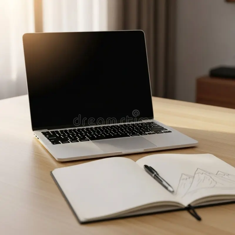 Notebook and pen next to an open laptop