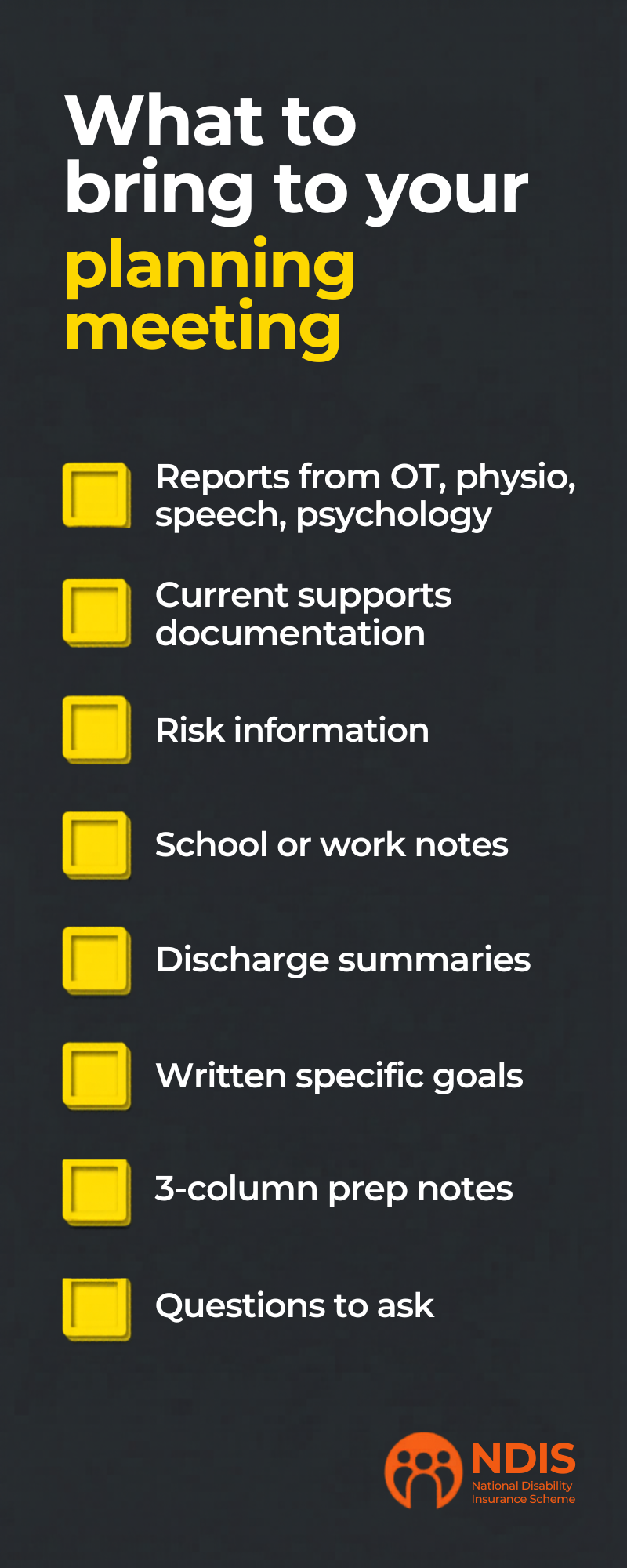 Checklist graphic titled “What to bring to your planning meeting"