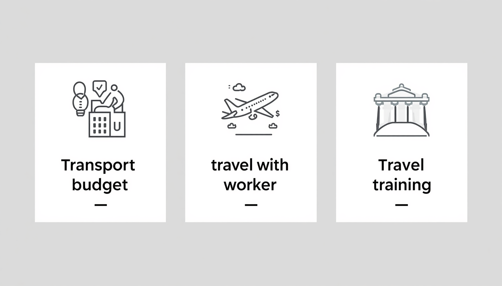 Graphic listing “transport budget,” “travel with support worker,” “travel training.”