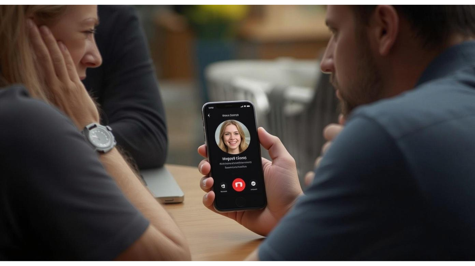  Two people talking at a table with a phone on speaker