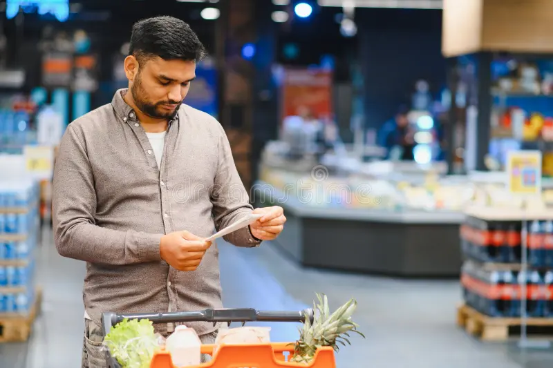 An adult holding a shopping list in a supermarket aisle