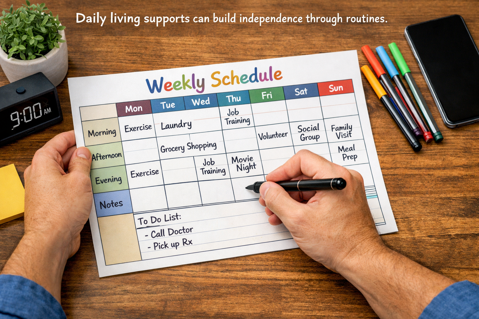 An adult writing on a weekly schedule