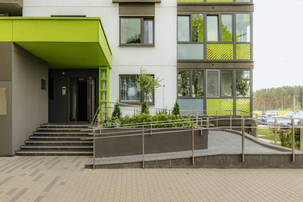 Street view of homes with accessible features visible