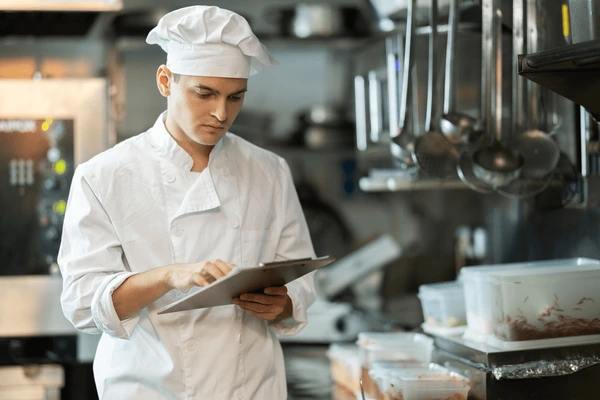 An adult cooking while checking a list
