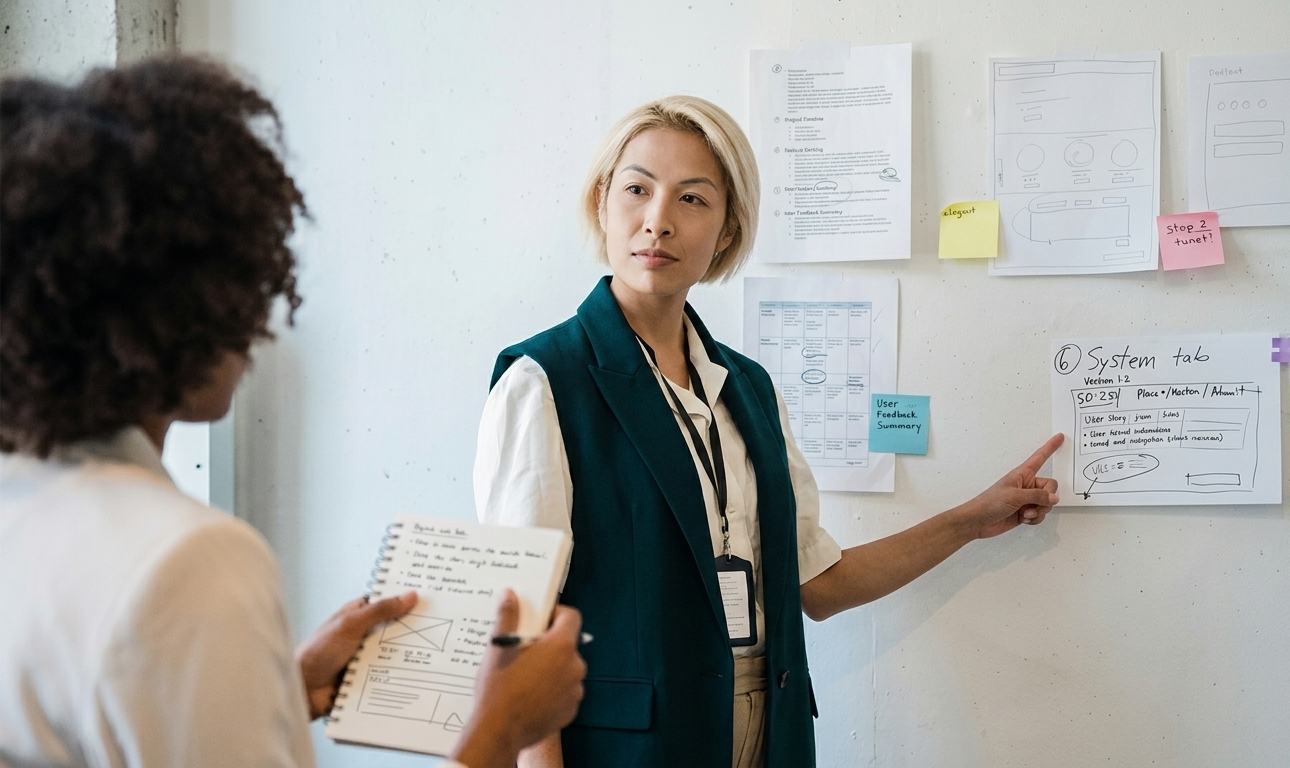 One person listening while another points to a written goal list.