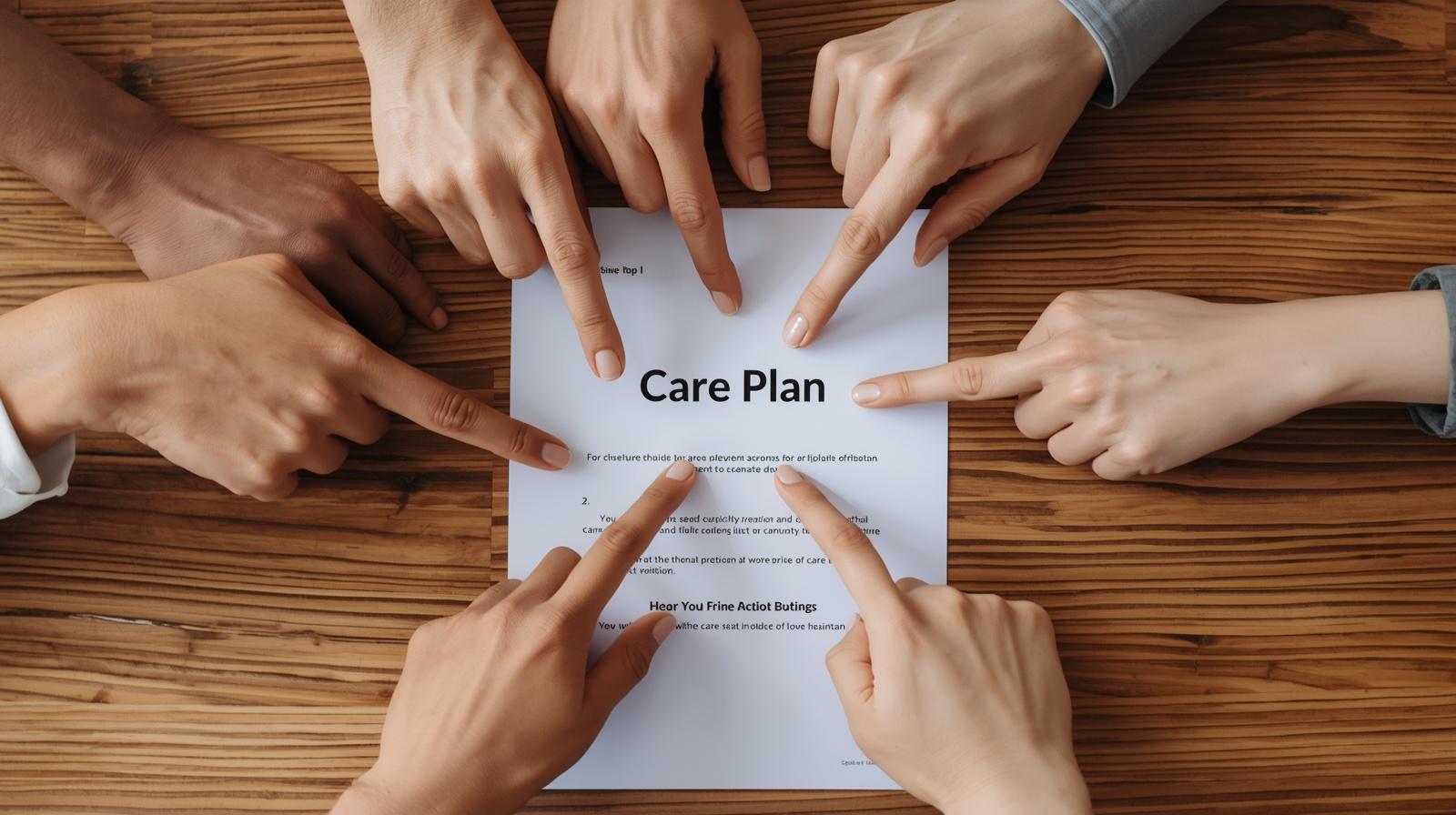  Several hands pointing at a care plan document on a table