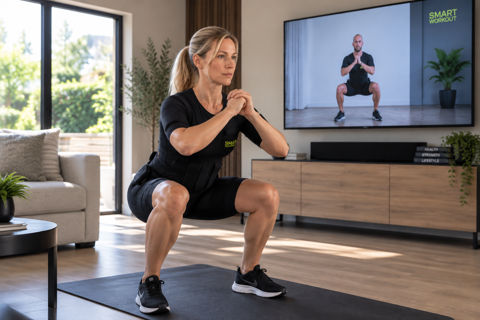 Vrouw doet een squat tijdens EMS-training thuis zonder zware gewichten