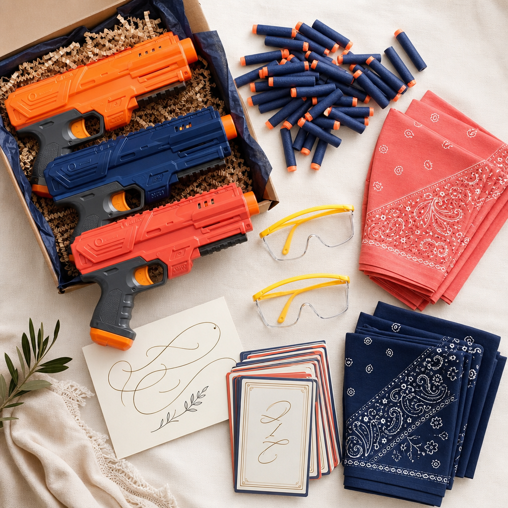 Overhead view of a Spokane Party People Dart Drop crate with foam-dart blasters, darts, safety eyewear, armbands, barriers, boundary cones, and game cards laid out neatly
