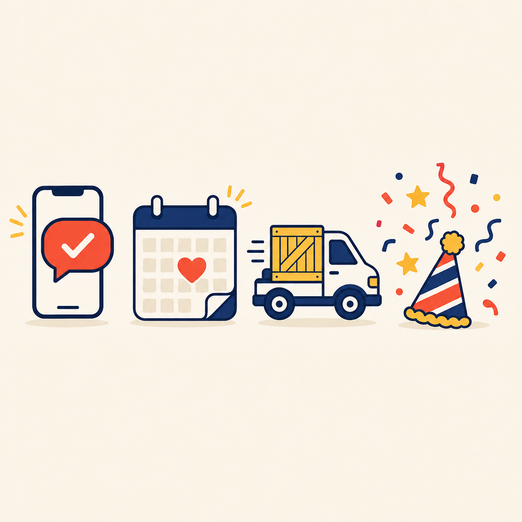 Four step icons showing a party inquiry, booking calendar, delivery crate, and party hat with confetti