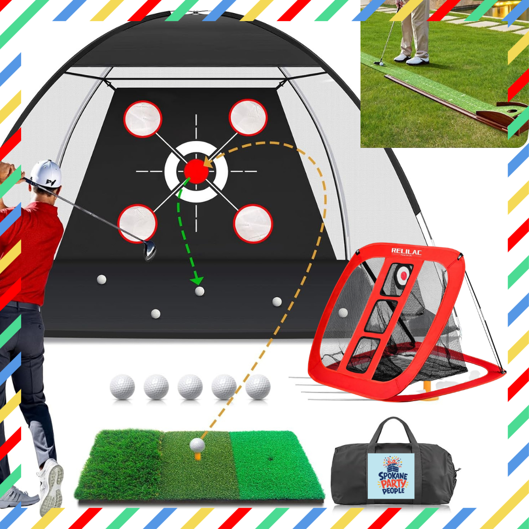 Golf Party Crate setup with practice nets, driving green, putting practice pieces, and clubs