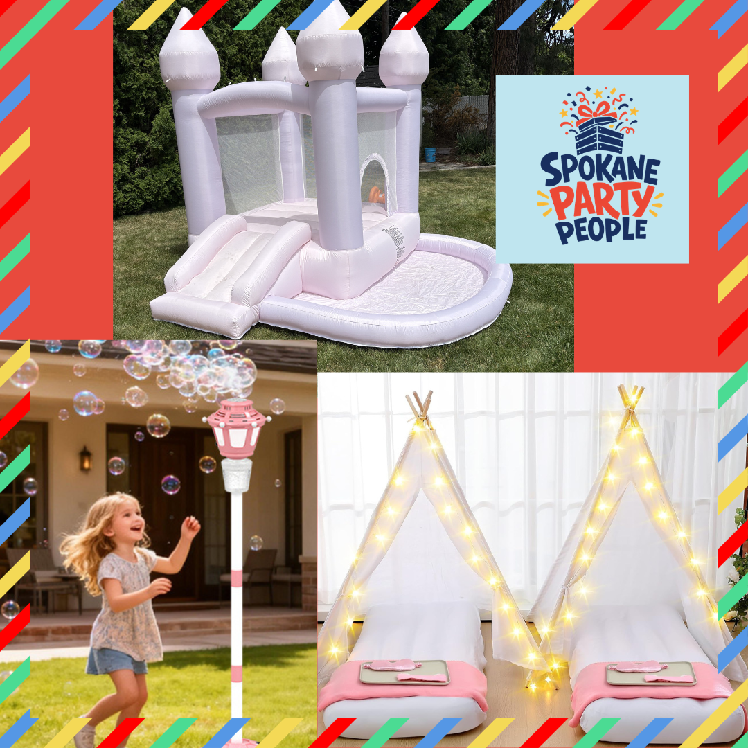 Little Princess Party Crate setup with teepee tents, cozy bedding, pink throws, and twinkle lights