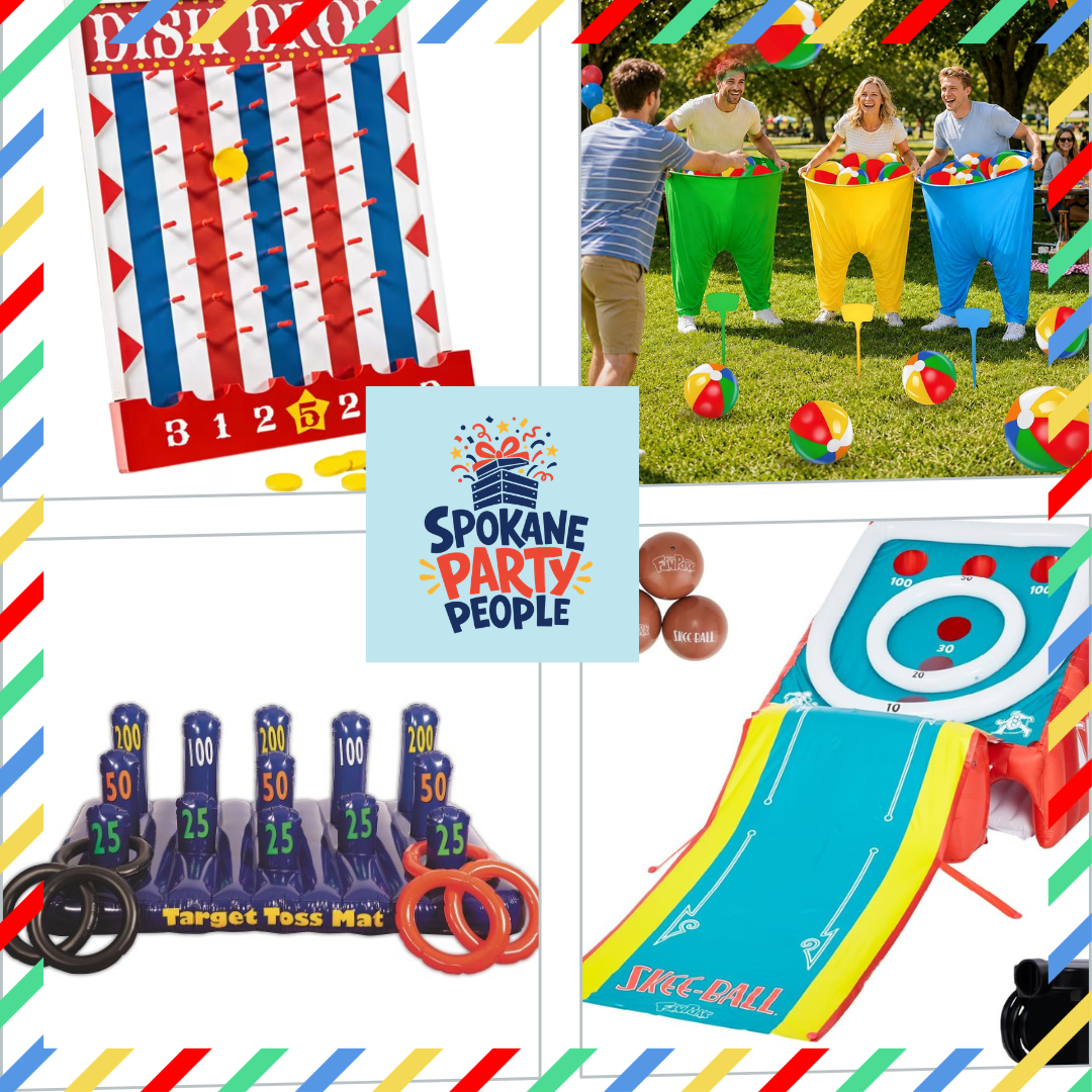 Midway Jamboree Party crate games including the wooden disk drop board, the Granny Pants game with adults catching beach balls in giant pants, the giant ring toss target mat, and the inflatable skee-ball ramp