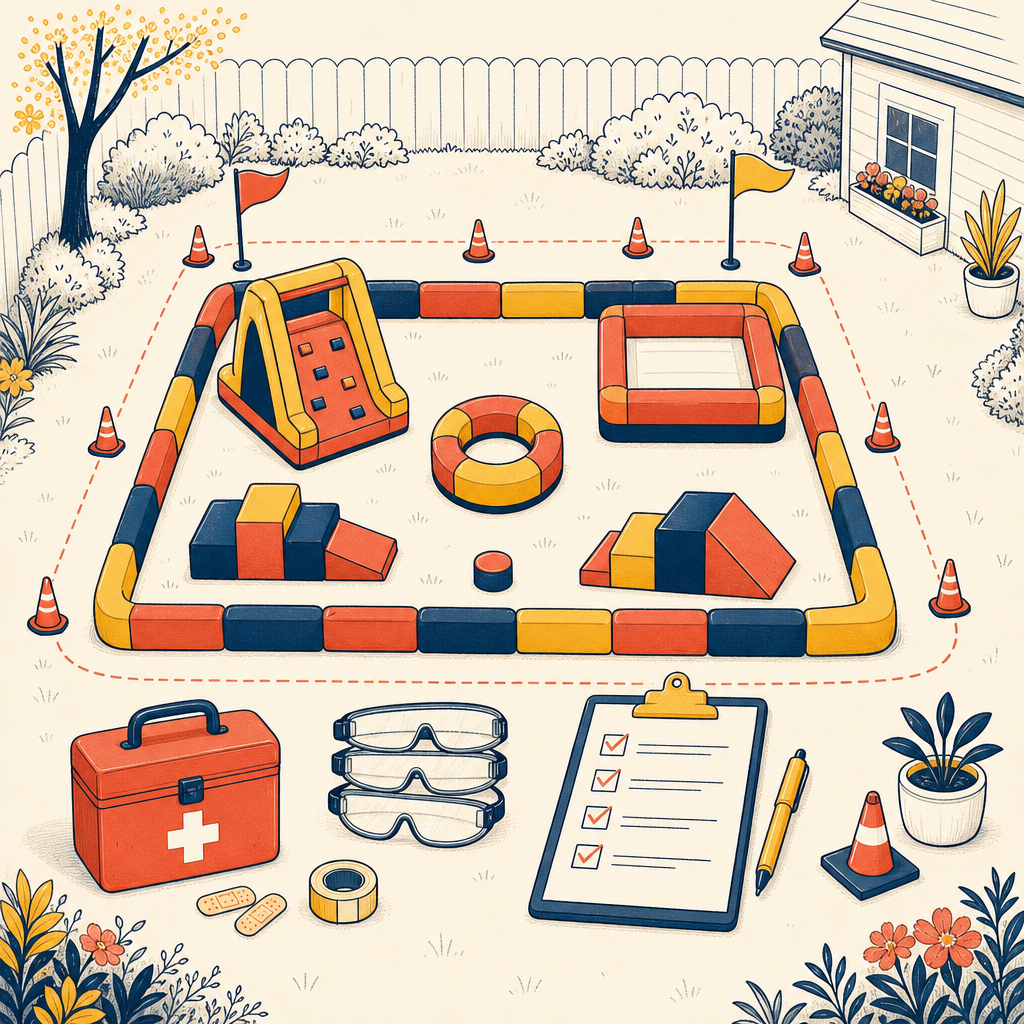 An illustrated overhead view of a backyard play zone with foam barriers, cones, team flags, a first-aid kit, safety eyewear, and a checklist clipboard