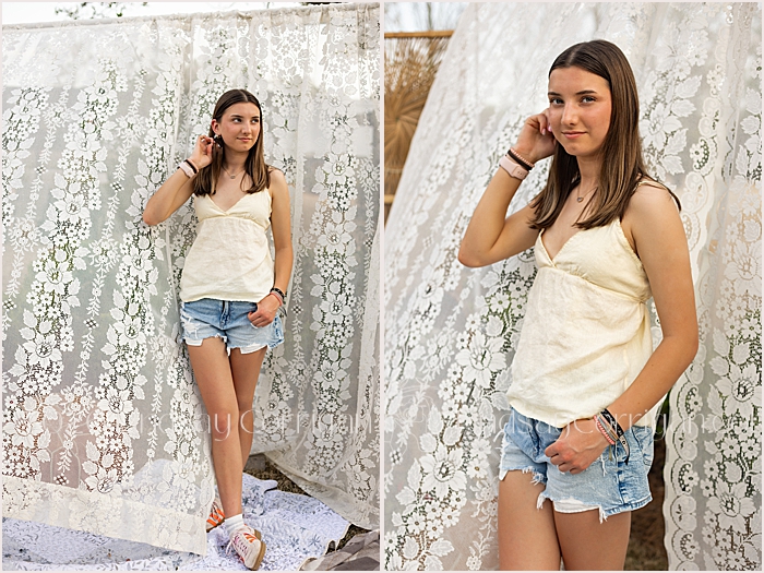 senior portraits with lace background and flowers senior portraits with lace background and flowers