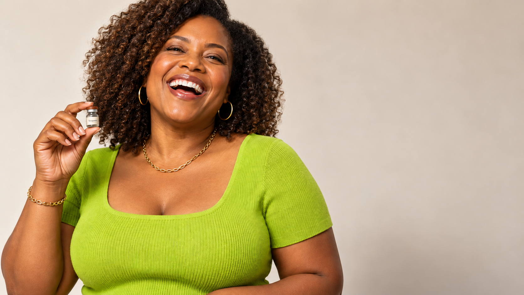 Illustrative portrait of a smiling woman in a lime-green top holding a medication vial