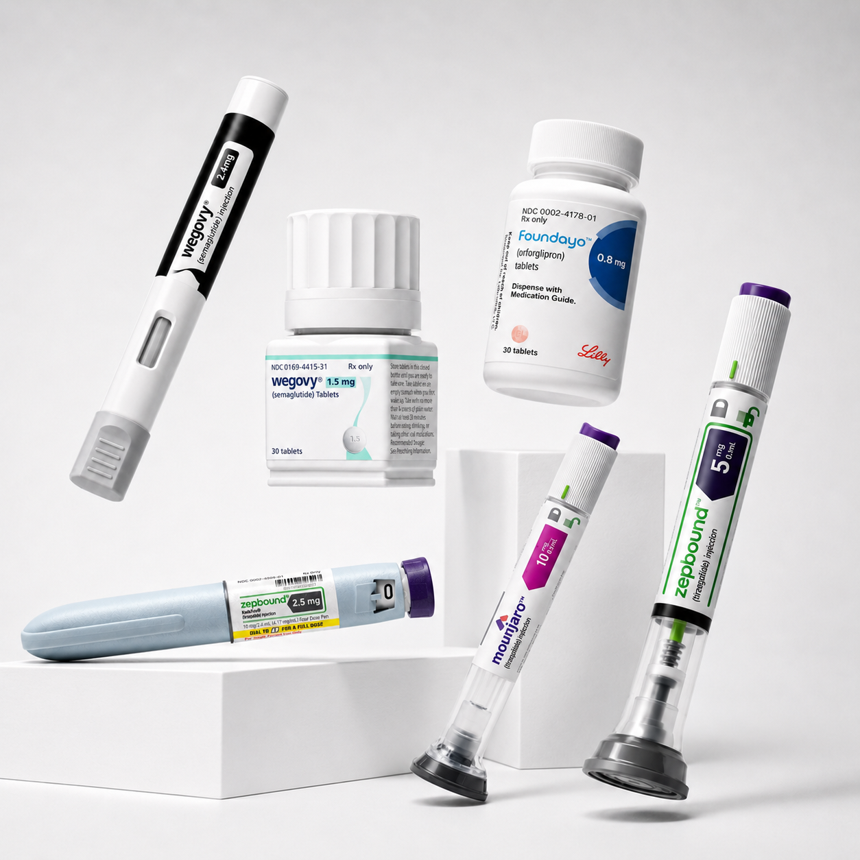 Illustrative artwork showing branded GLP-1 injection pens and tablet bottles