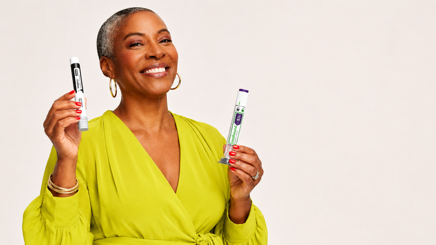 Illustrative image of a smiling woman holding Wegovy and Zepbound pens