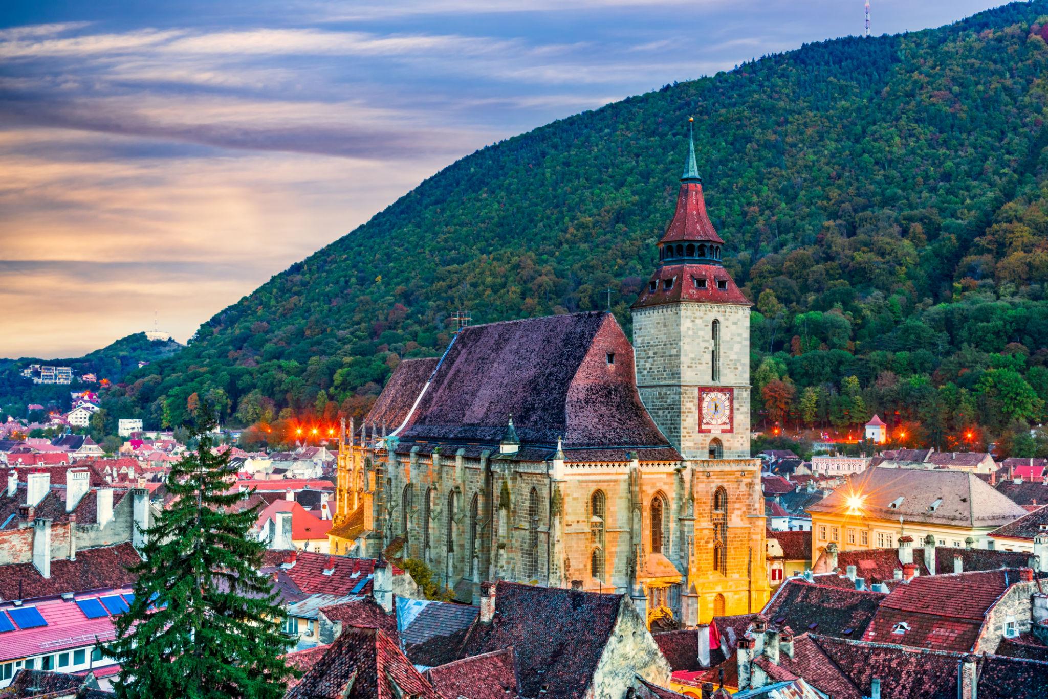 Romanian city street with warm historic architecture