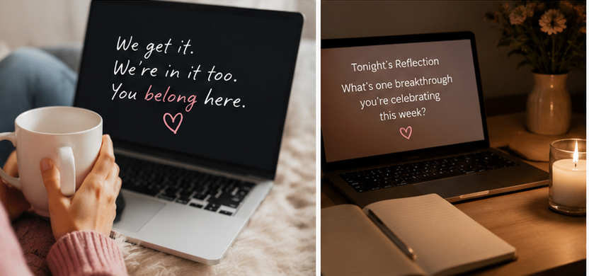 A warm Heal Grow Connect reflection scene with journaling, candles, and community connection