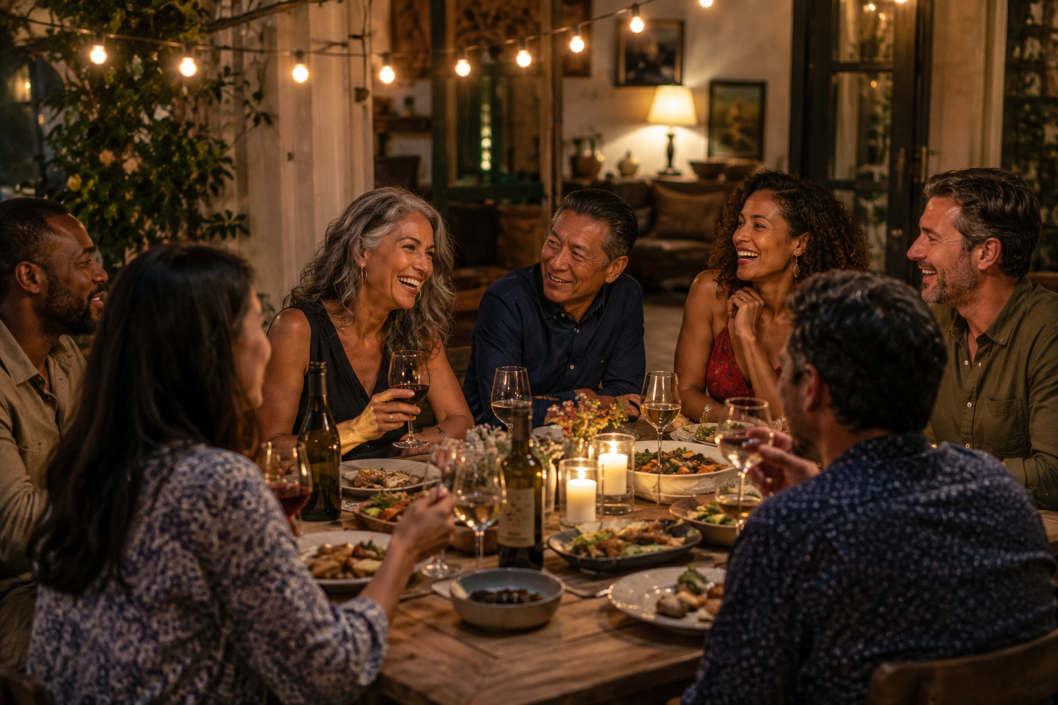 Friends sharing dinner and conversation in the Love Journey community