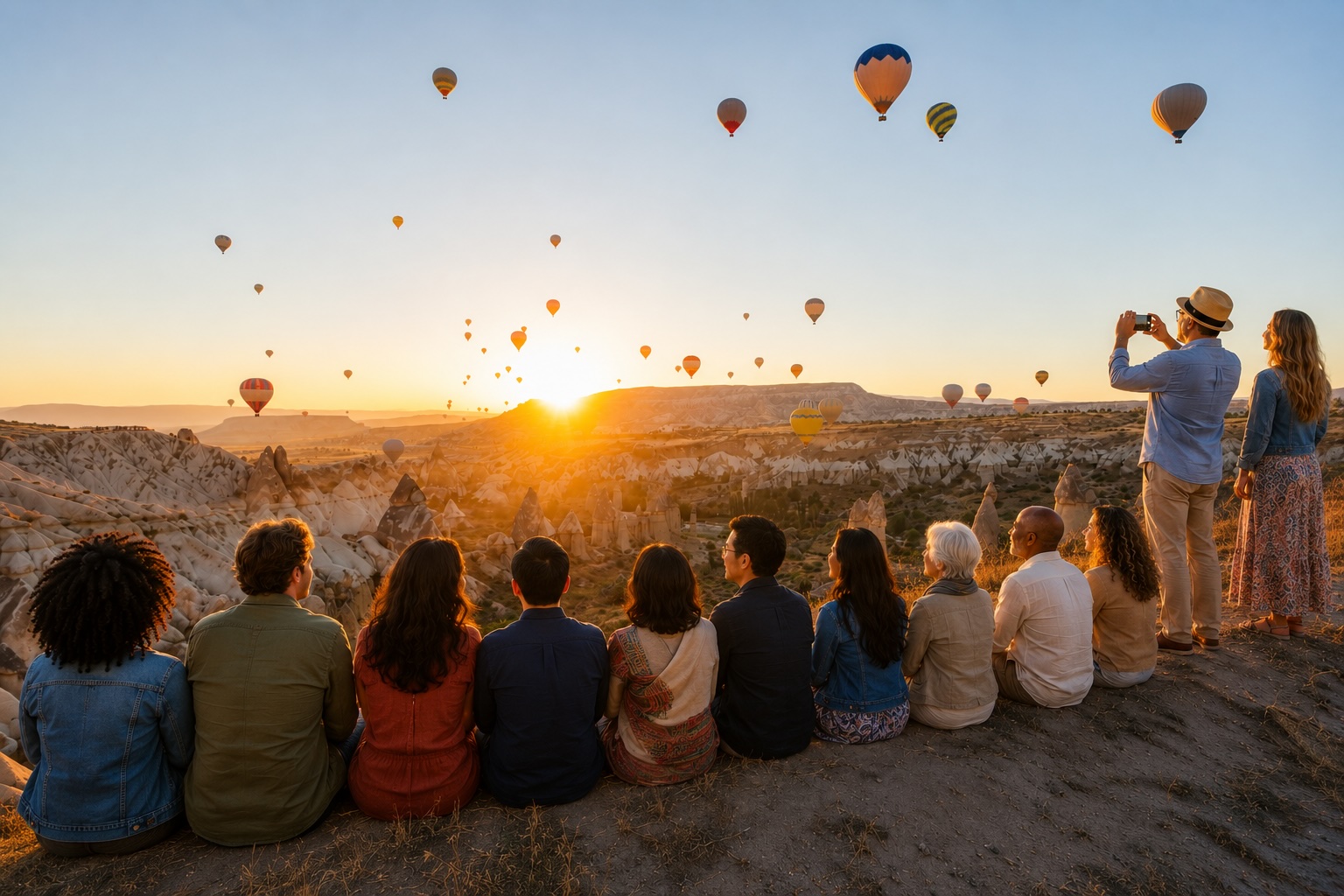 Hot air balloons rising over Cappadocia at sunrise
