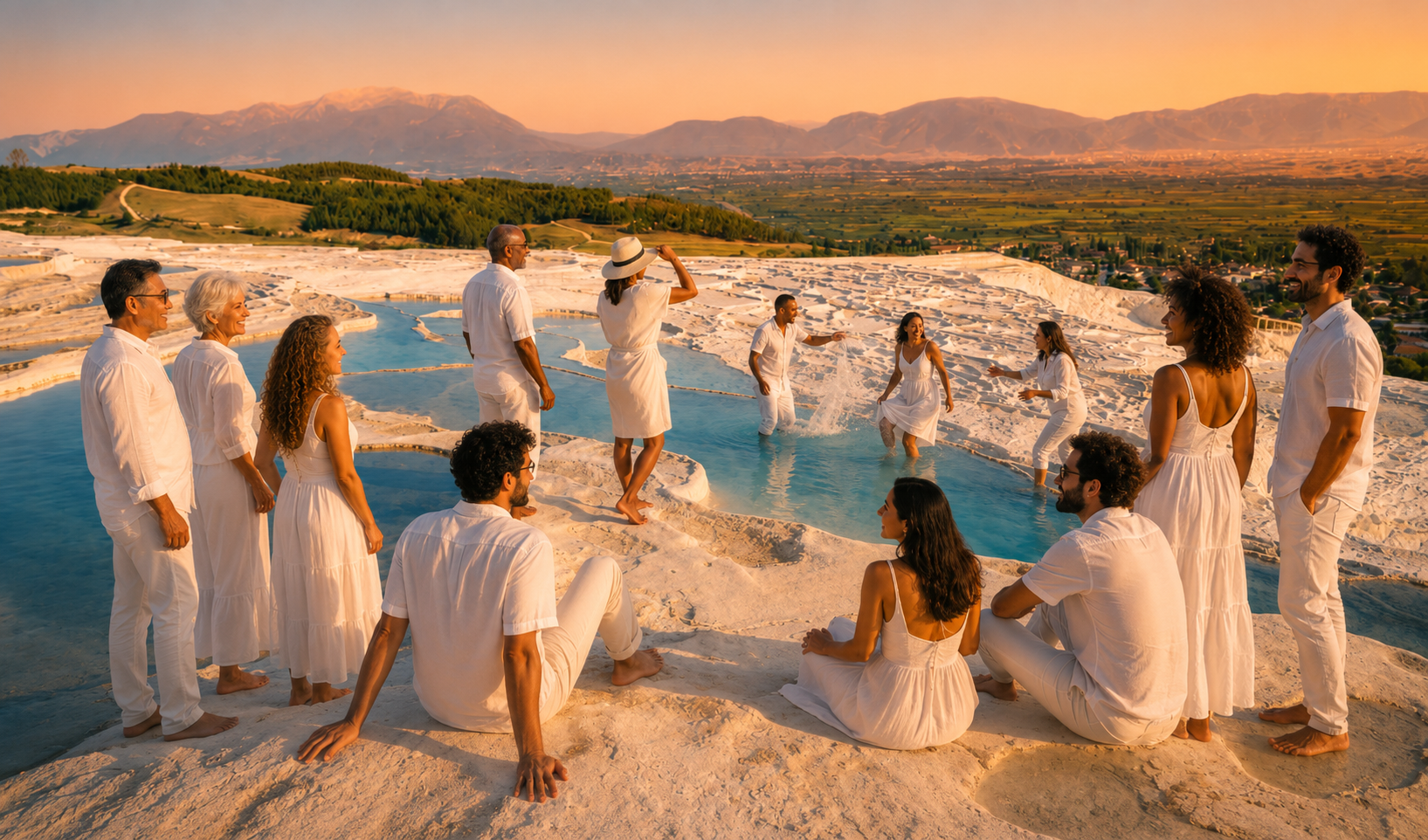 Travelers walking across Pamukkale's white travertines