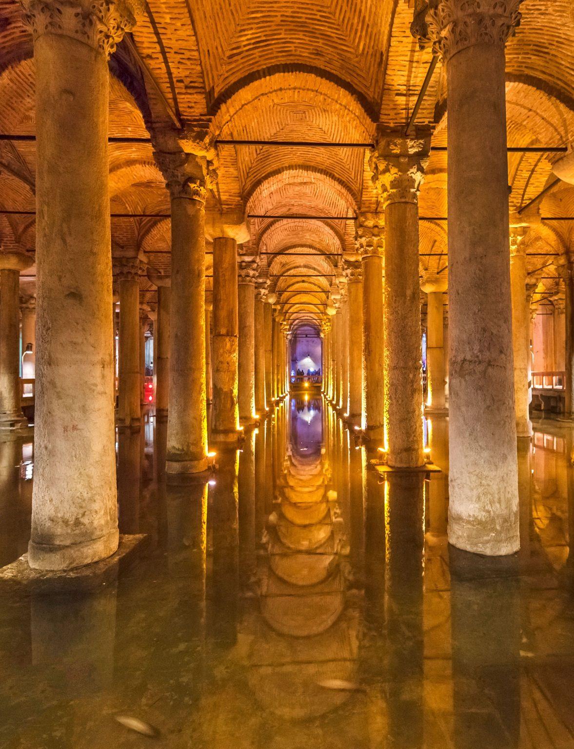 Historic columns inside the Basilica Cistern in Istanbul
