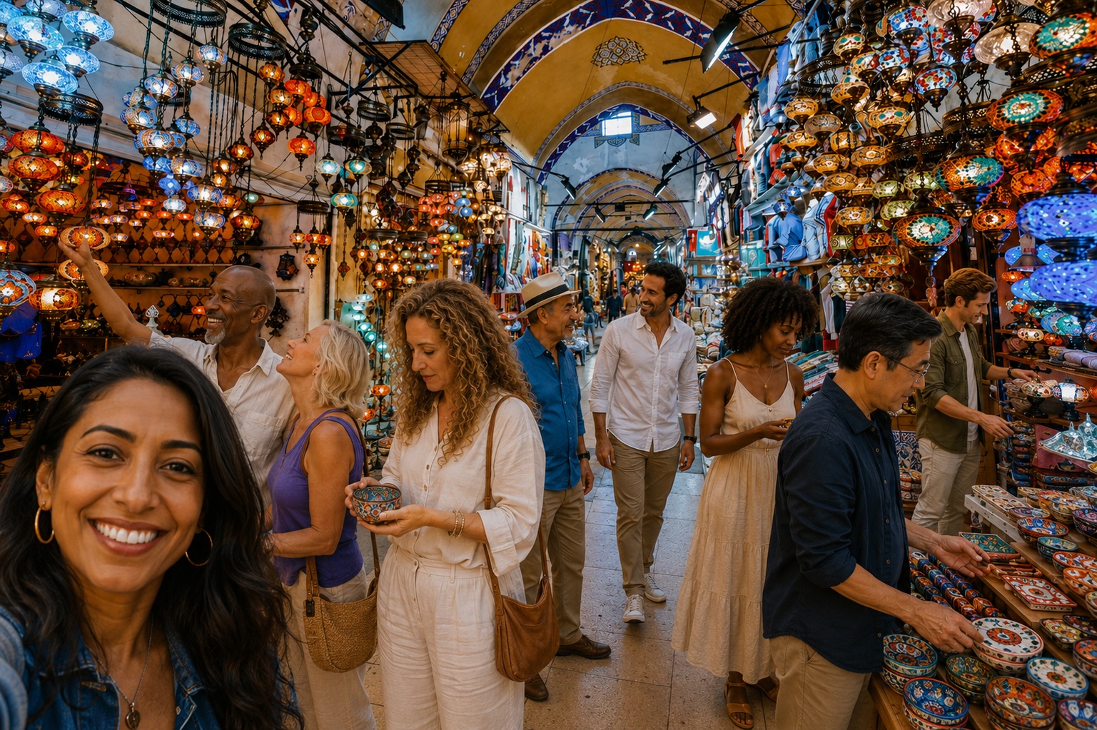 Colorful lanterns and shops inside Istanbul's Grand Bazaar