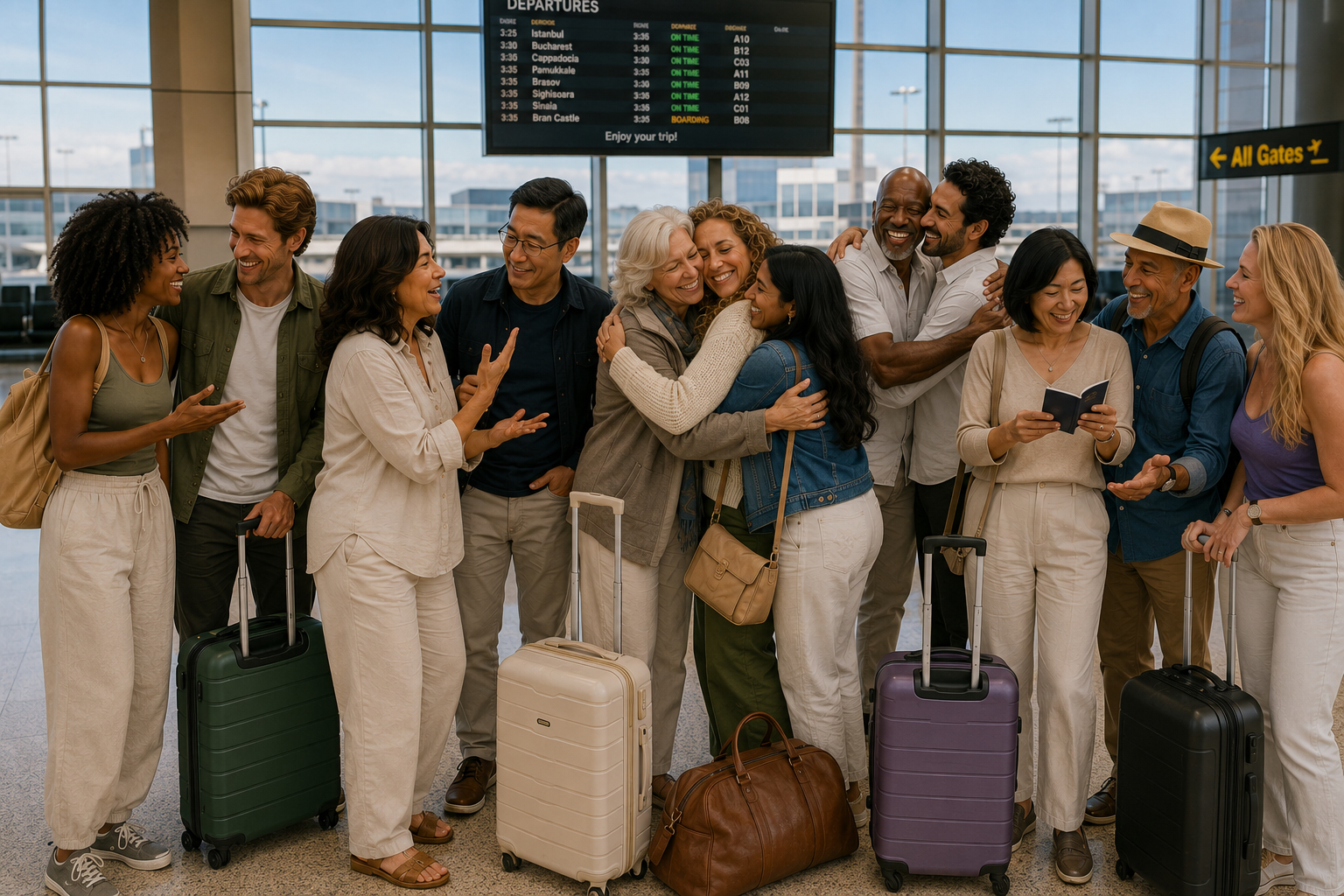 Group hug farewell moment for travelers