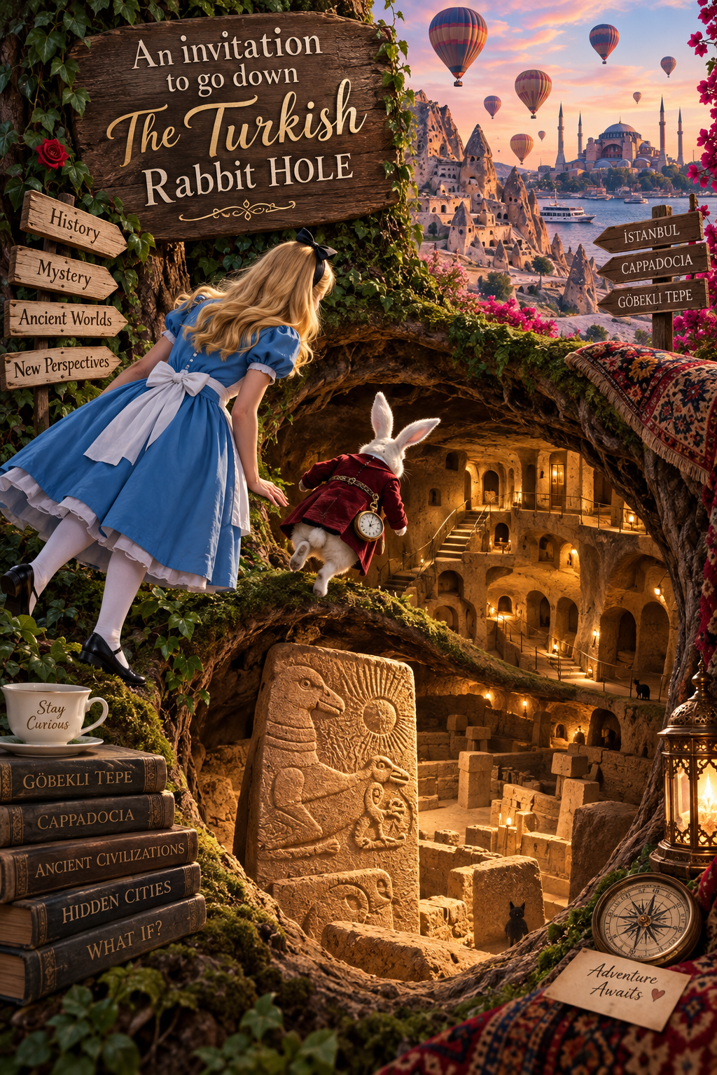 Alice in Wonderland inspired rabbit hole invitation for the Türkiye journey