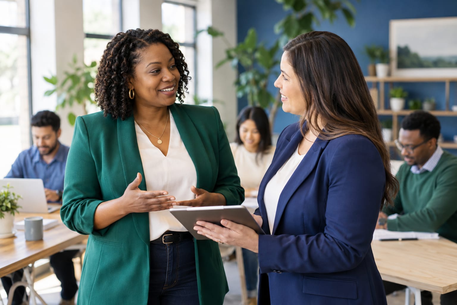 Business professionals discussing employee benefits