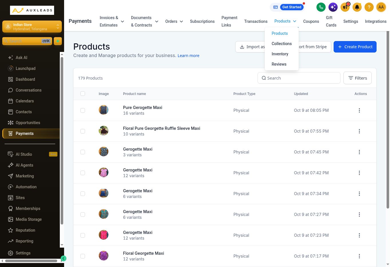Actual Indian Store product admin — 179 products with variants