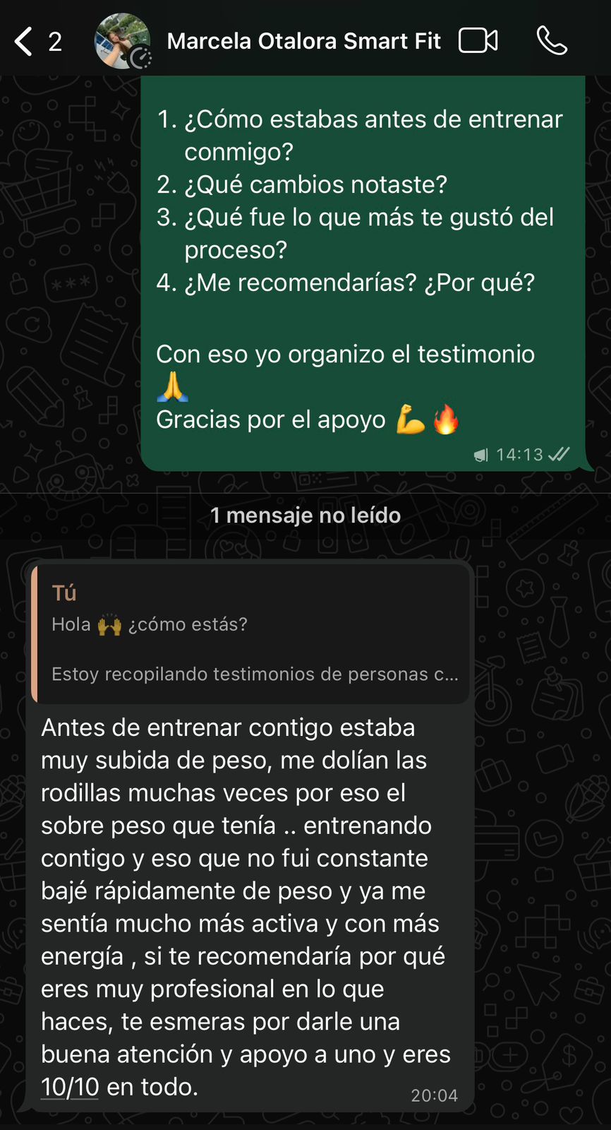 Captura de testimonio en WhatsApp de Marcela Otalora, cliente de Miguel Zúñiga · transformación física en Medellín