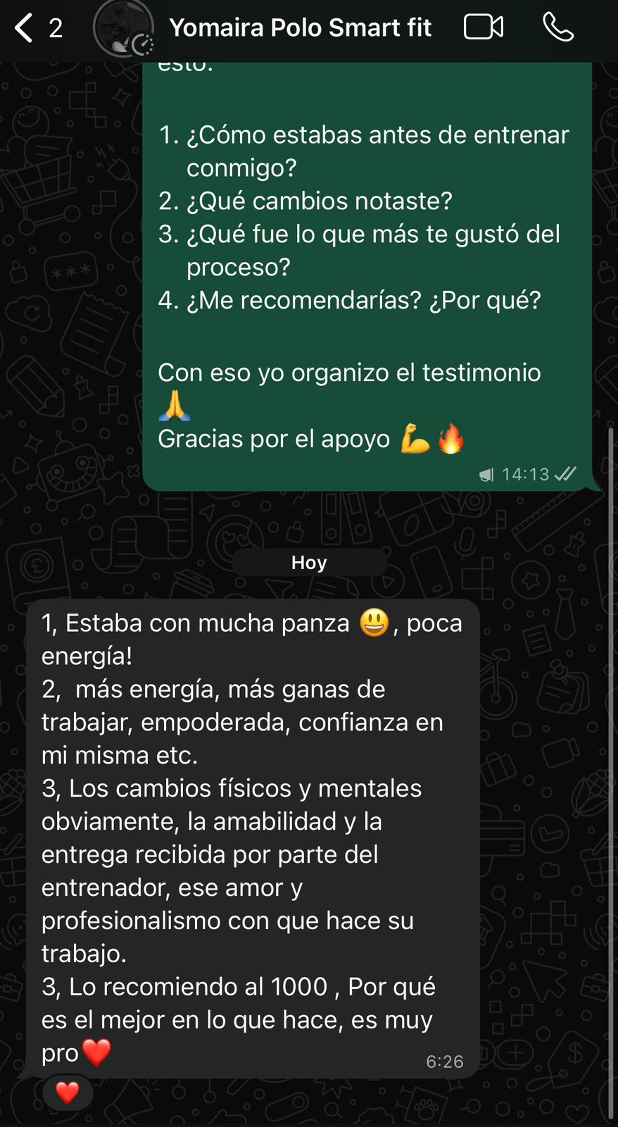 Captura de testimonio en WhatsApp de Yomaira Polo, cliente de Miguel Zúñiga · entrenamiento personal Medellín