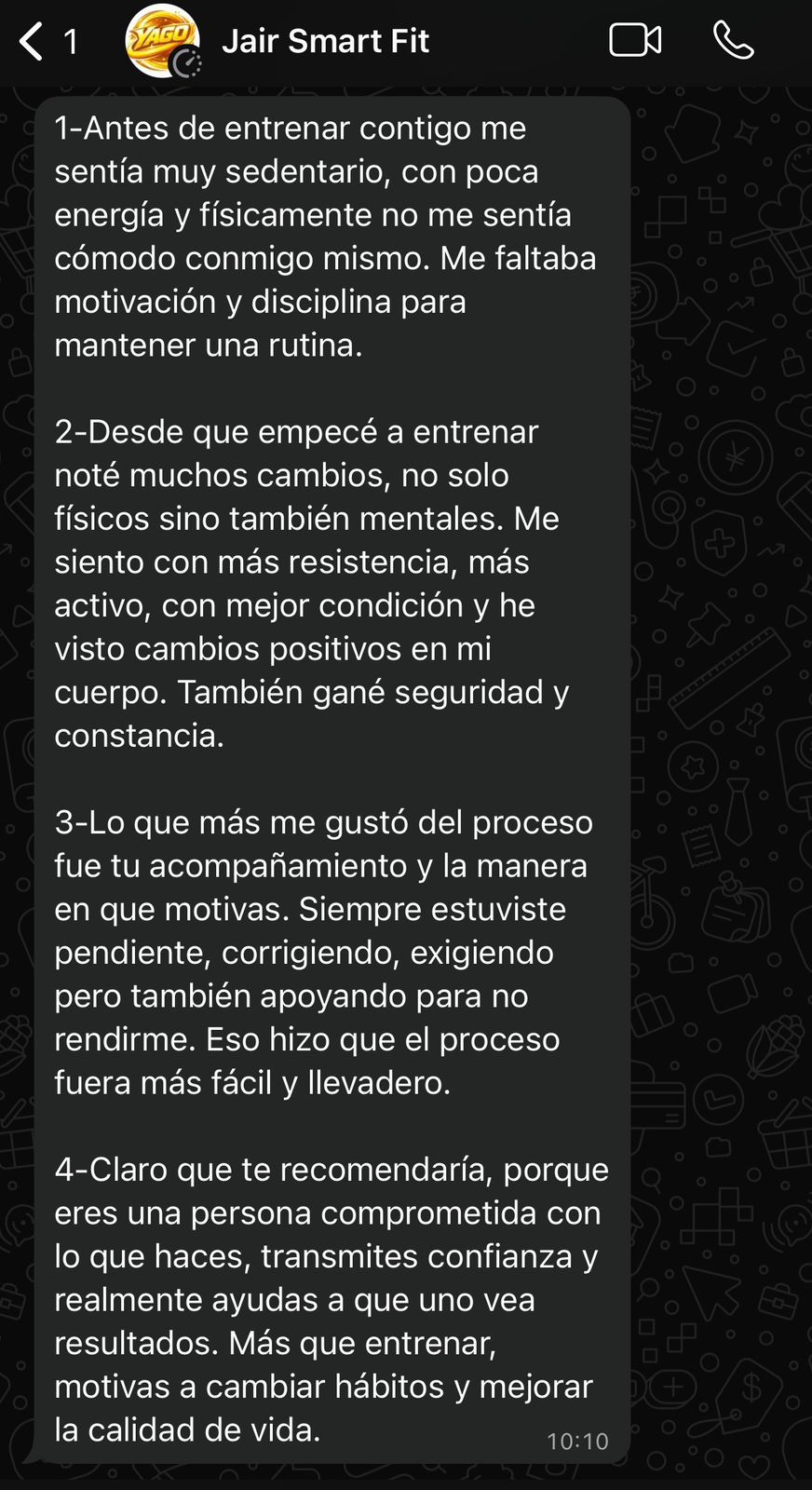Captura de testimonio en WhatsApp de Jair, cliente de Miguel Zúñiga · entrenamiento personal Medellín
