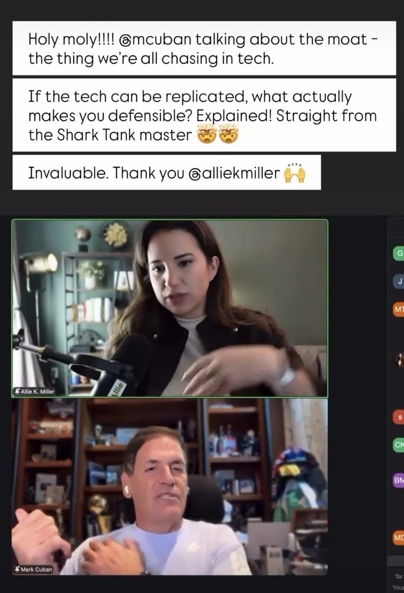 Instagram story: Mark Cuban explaining what makes a company defensible when the tech can be replicated