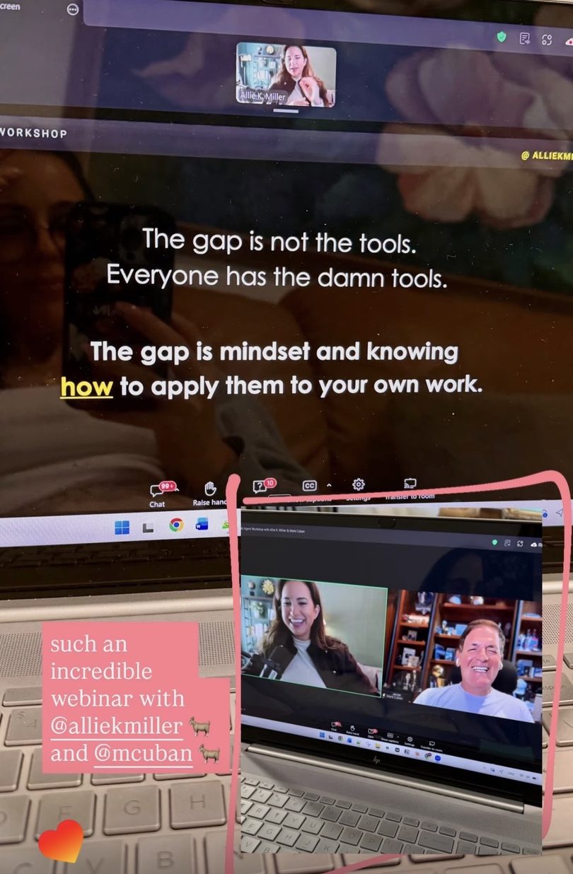 Instagram story of the workshop slide reading: the gap is not the tools, the gap is mindset