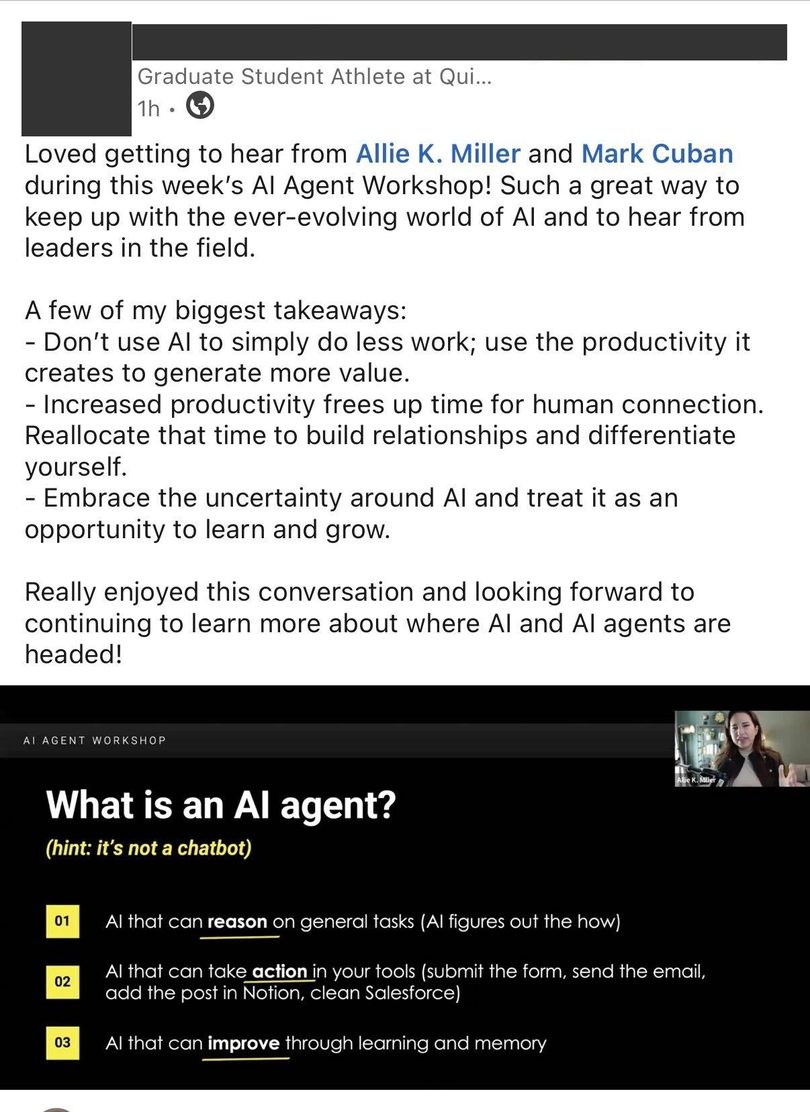 Noelle Reid on LinkedIn: takeaways from the AI Agent Workshop, beside the slide defining an AI agent