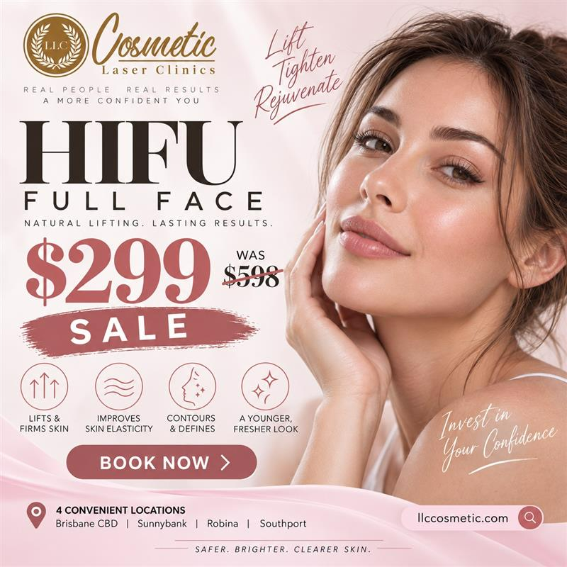 LLC Cosmetic HIFU Full Face promotional ad: $299, reduced from $598, available at four clinics