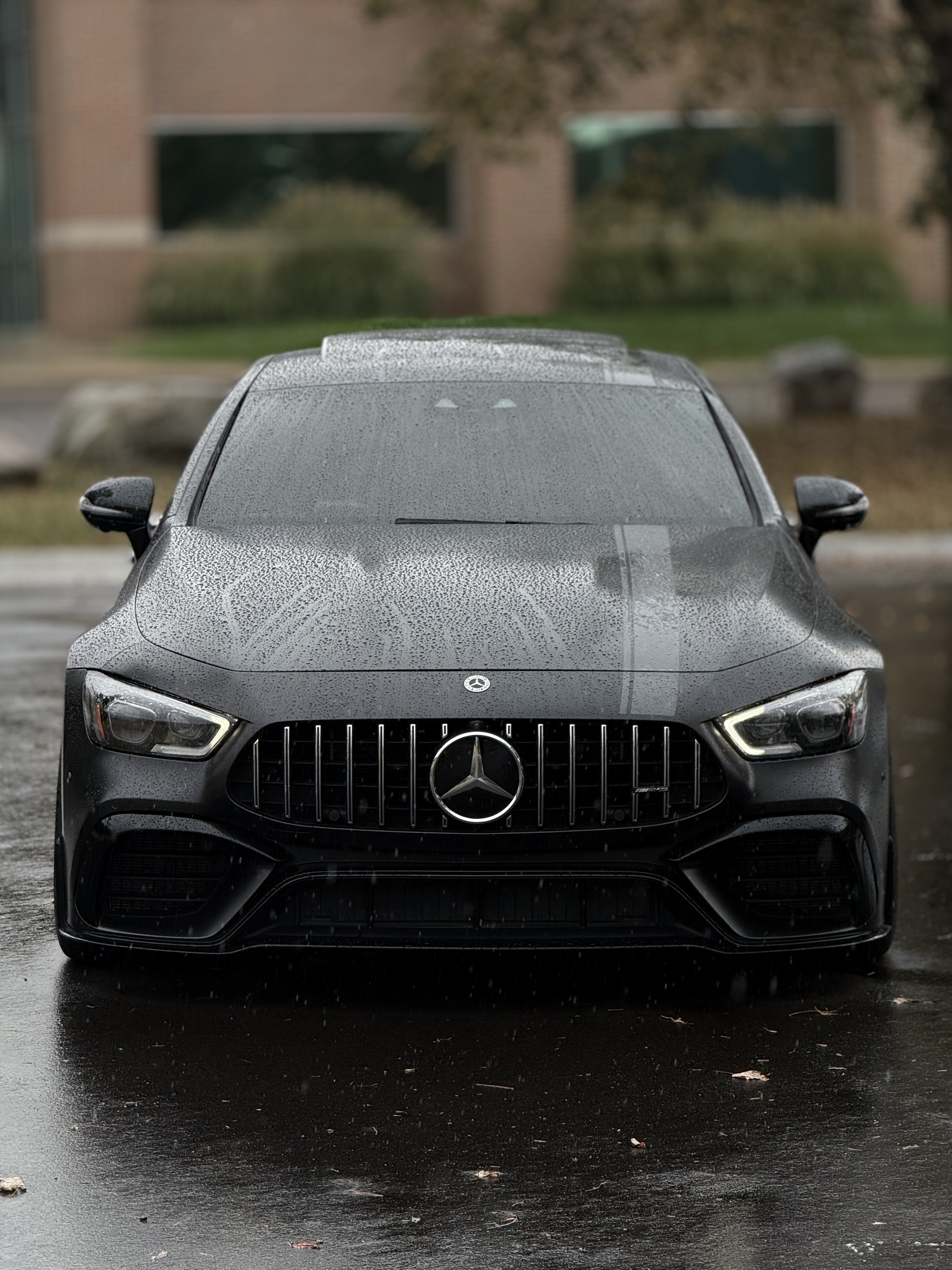 Water beading on a black Mercedes-AMG GT 4-Door