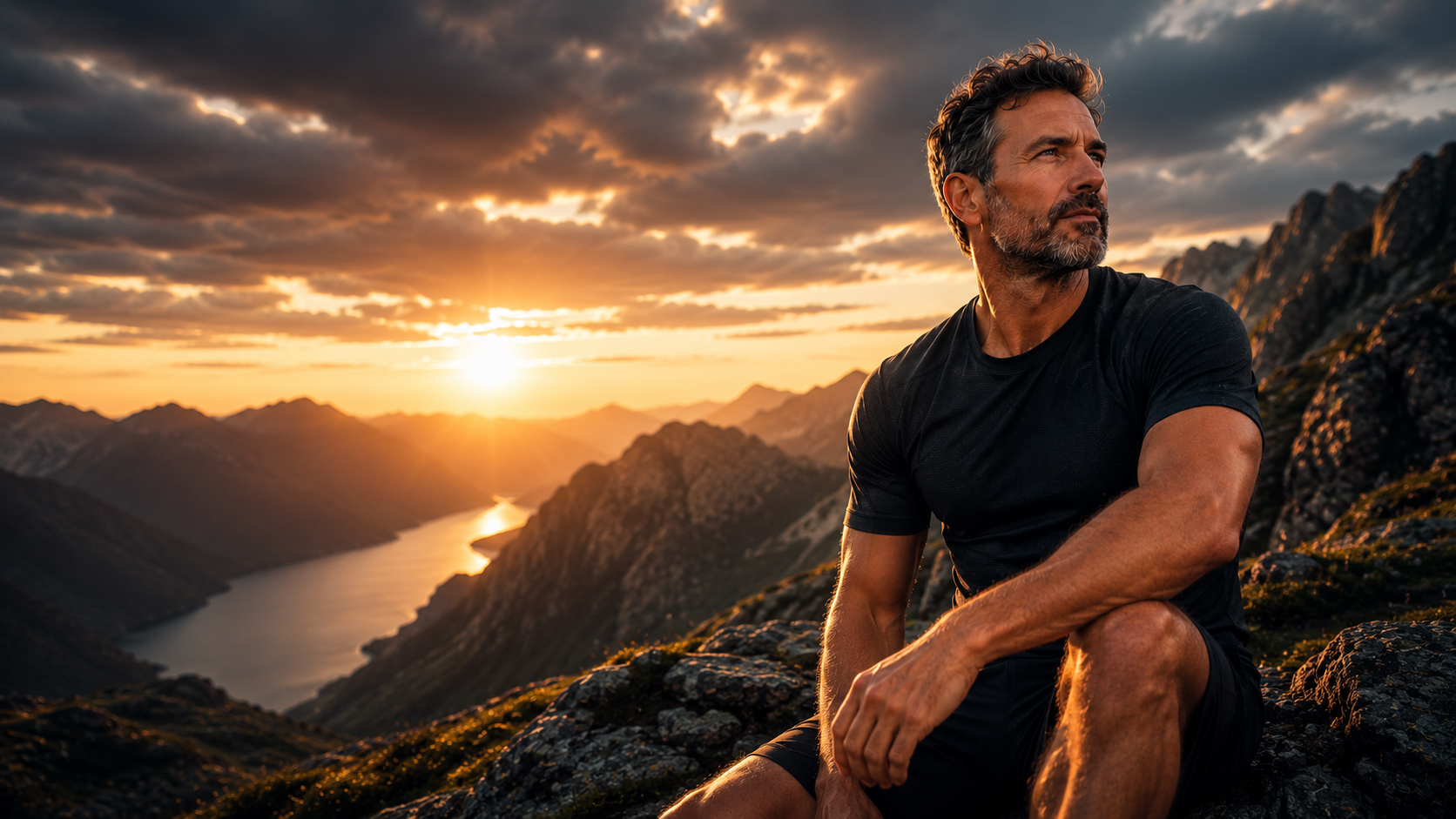 Confident mature man overlooking a mountain landscape