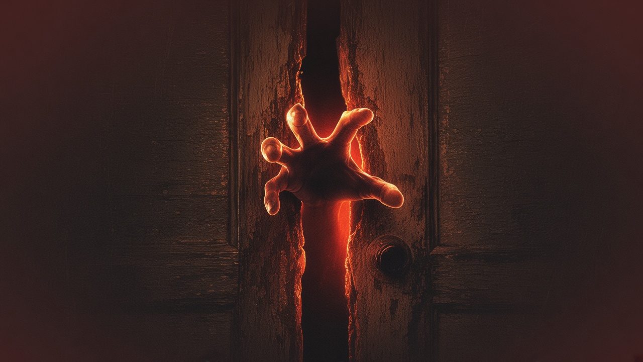 A pale hand reaching out from the dark through a cracked wooden door, lit by a flickering candle glow.