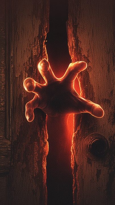 A pale hand reaching out from the dark through a cracked wooden door, lit by a flickering candle glow.