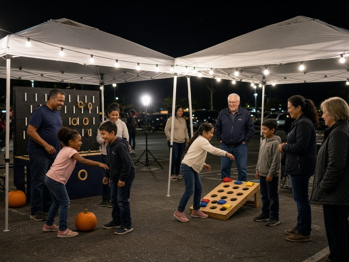 Kids, parents and grandparents playing ring toss and bean bag toss under canopy tents at the Dark Rooms event.