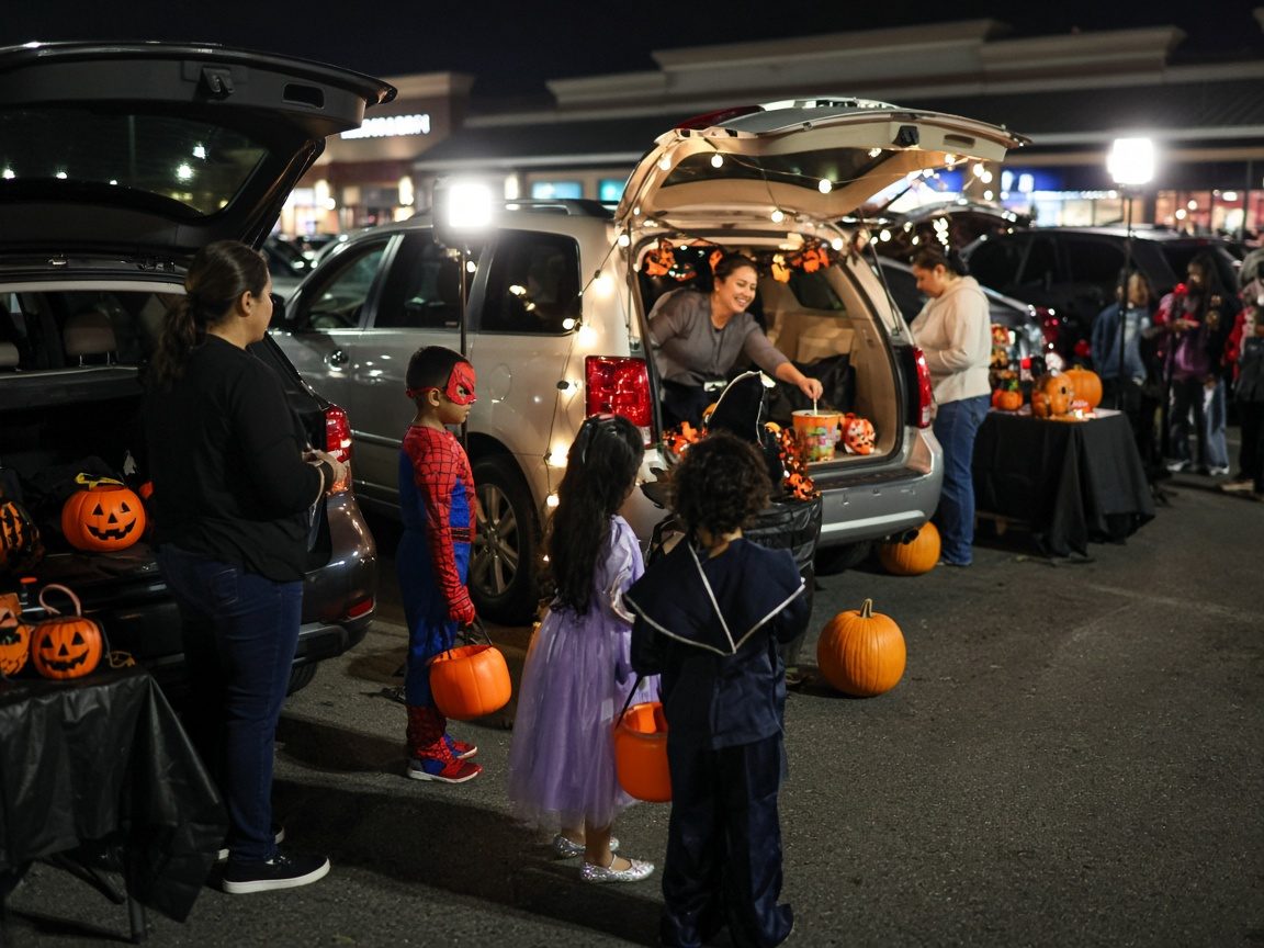 Kids in costumes collecting candy from decorated open car trunks at the Dark Rooms Trunk or Treat.