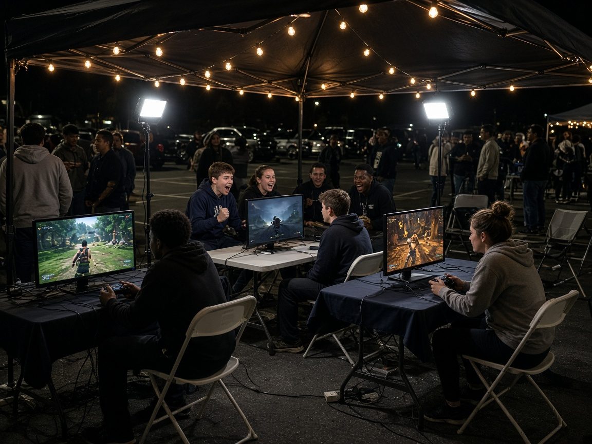 Teens and adults playing console video games on TVs under a canopy tent at the Dark Rooms event.