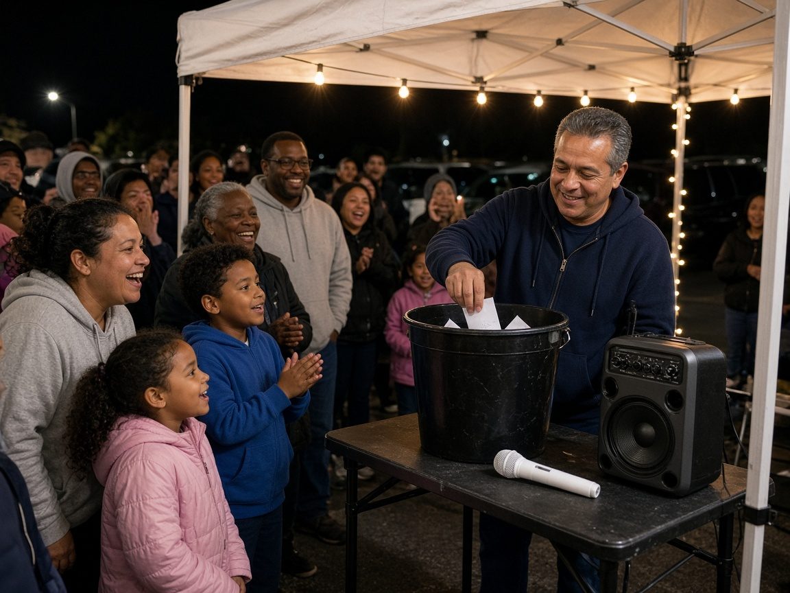 A host drawing a raffle ticket at a small table with a portable speaker as families cheer at the Dark Rooms event.