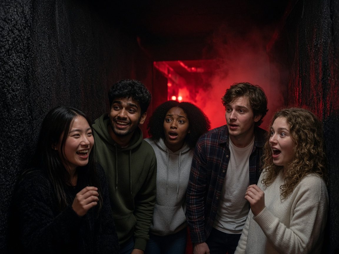 A diverse group of friends reacting to a scare inside a red-lit indoor haunted maze.