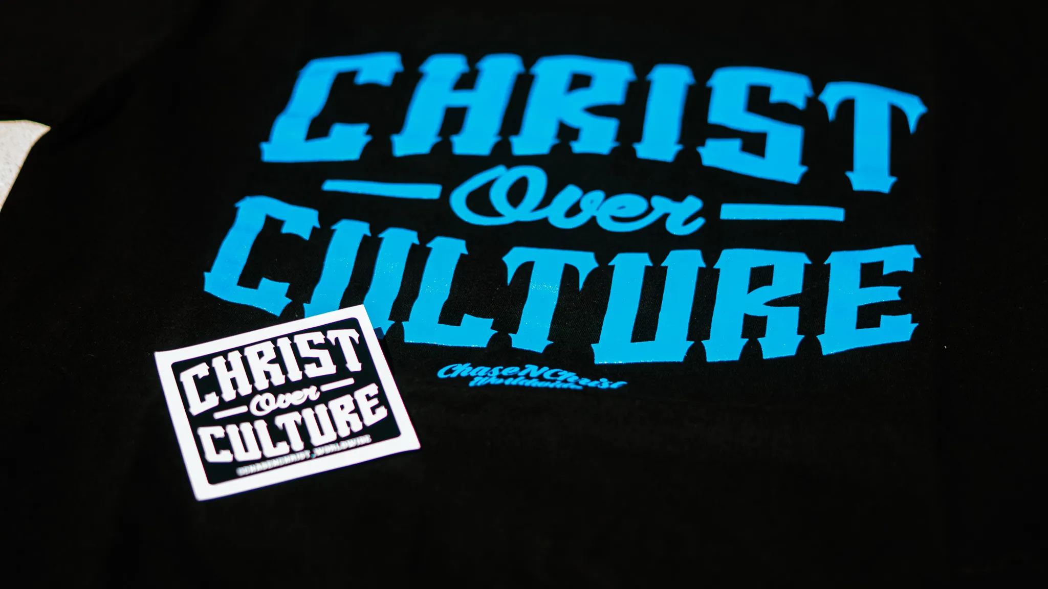 Cyan print Christ Over Culture tee